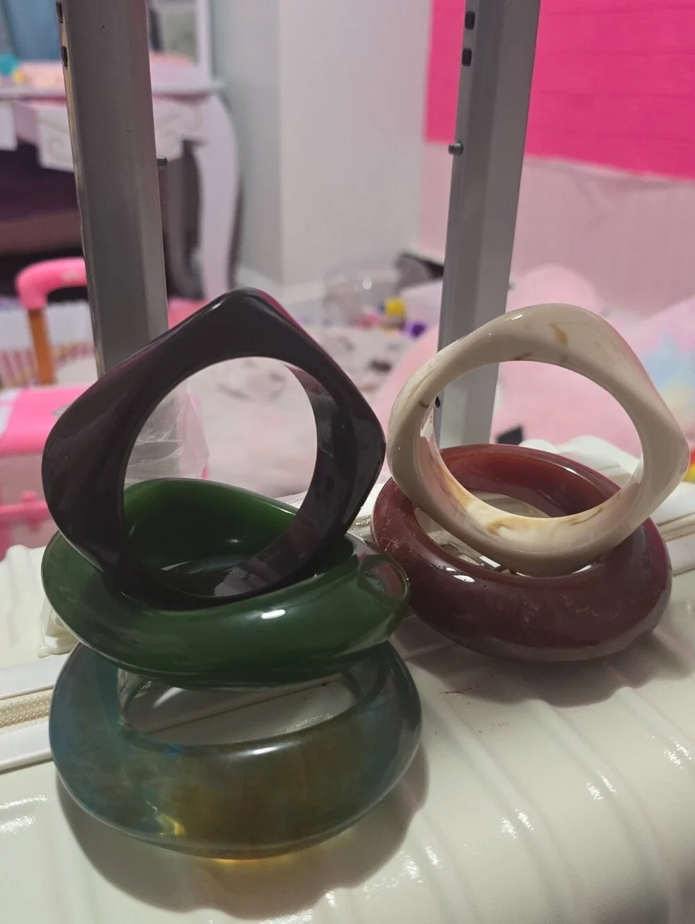 Resin Stackable Bangle Set - Green, Brown, Ivory, Dark Plum